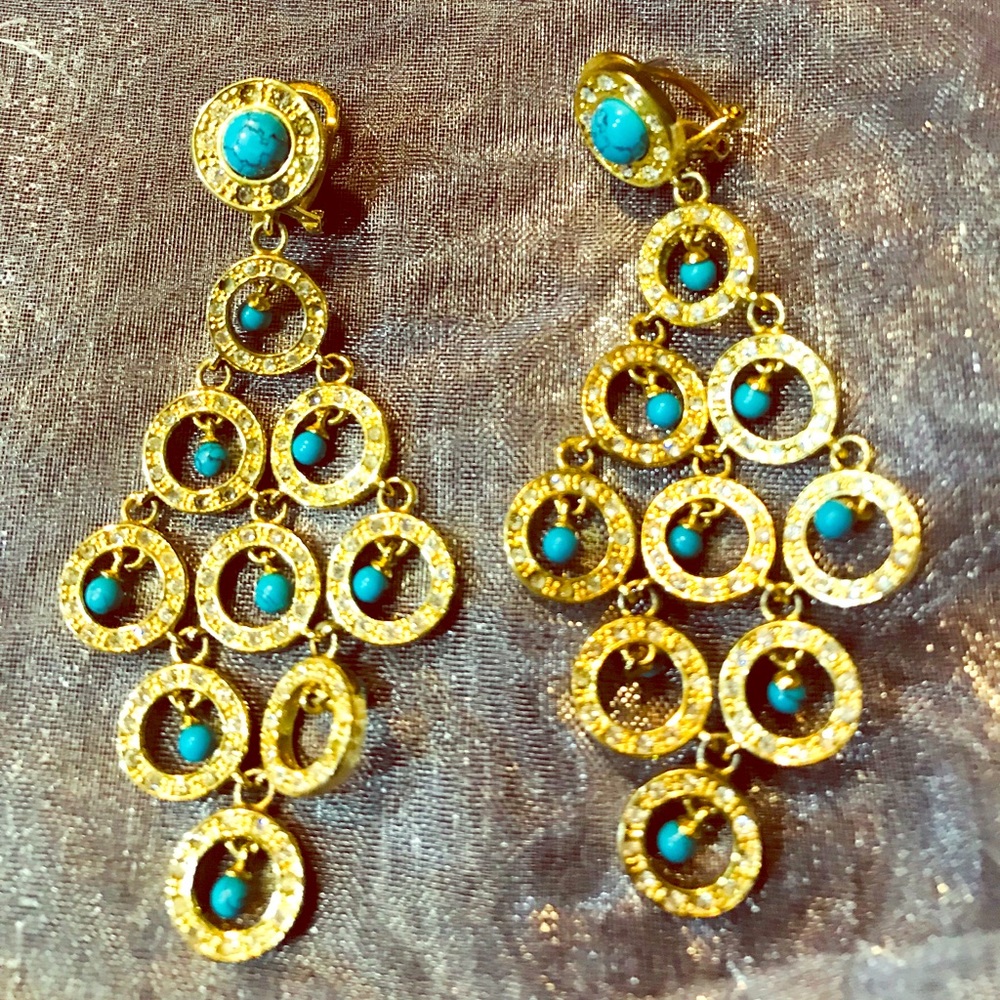 Gold toned costume Chandelier ear.  w/turquoise.